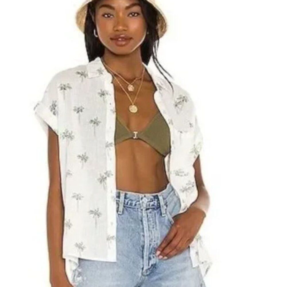 RAILS Linen Blend Shirt Whitney Sketched Palms Button Front Coastal Resort Sz  M